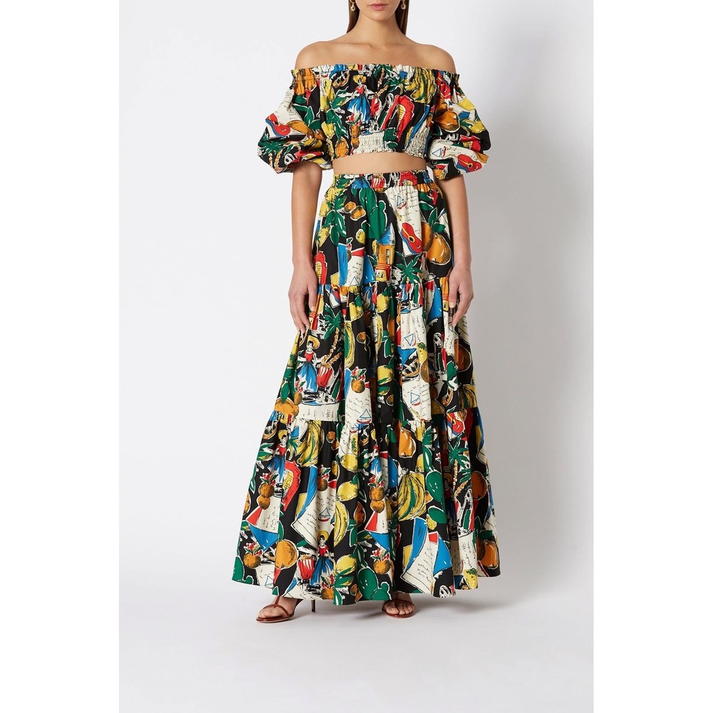 Scanlan Theodore Cotton Fruit Postcard Print Tiered Maxi Skirt Black Multi US 4